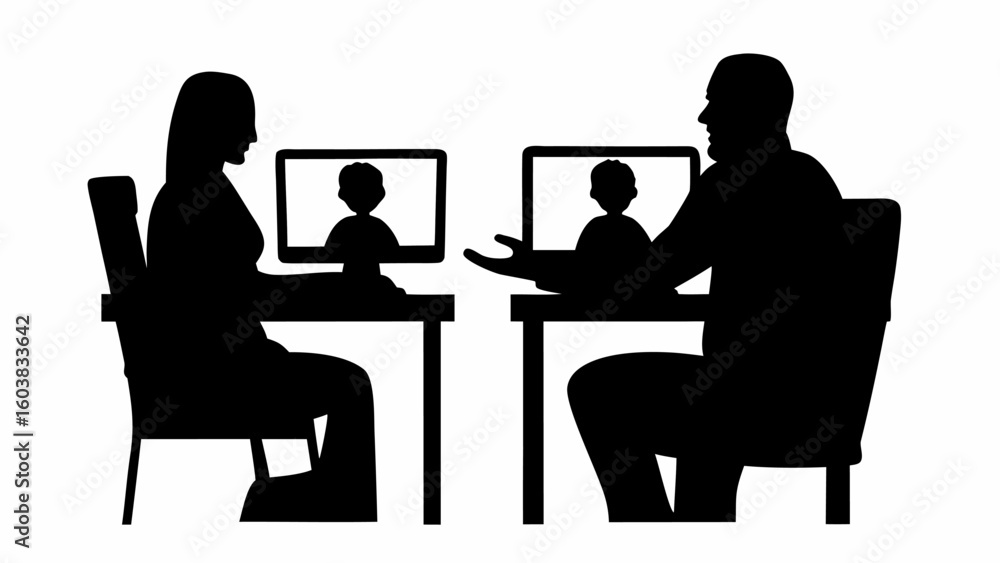 Poster silhouetted figures engage in a video call on computers at desks in a virtual meeting setting online