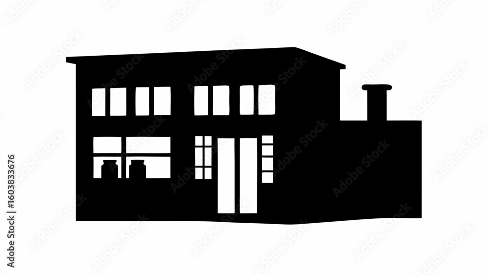 Poster silhouette of a two story building with multiple windows and a chimney on the side structure area