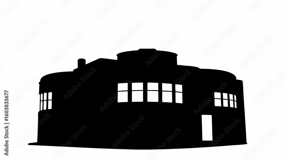 Poster silhouette of a round building with a flat roof and windows and a door on a white background view