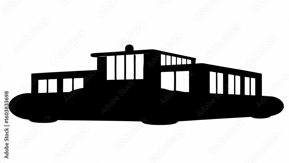 Poster silhouette of a modern building with multiple windows and a flat roof design against a white backgro