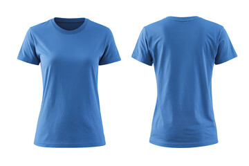 Front and back view of a light-blue women's t-shirt.  Short sleeves, crew neck.  Flat lay, product mock-up