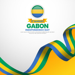 Gabon independence day greeting card, square banner background with warving ribbon flag
