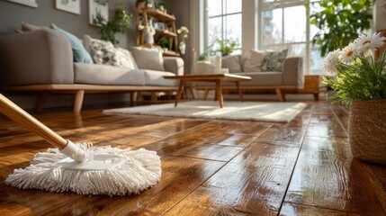 Mop Cleaning a Polished Wooden Floor in a Bright and Modern Living Room