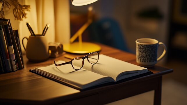 A cozy study setup with warm lighting and reading material creates an inviting atmosphere