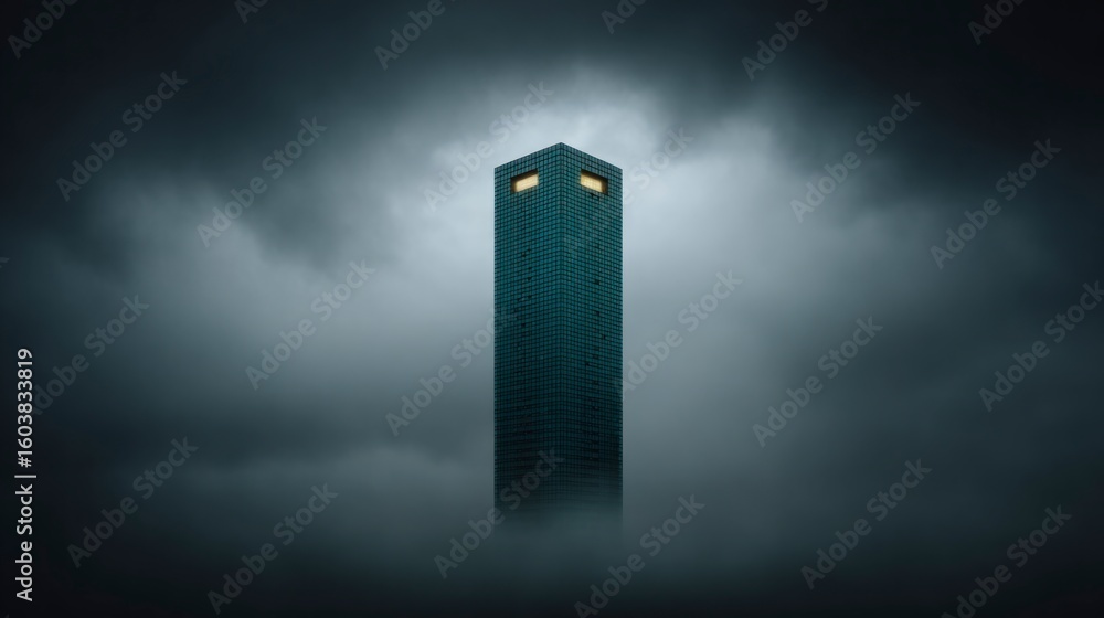 Poster A tall square skyscraper with glowing rectangular windows emerges from dense dark fog