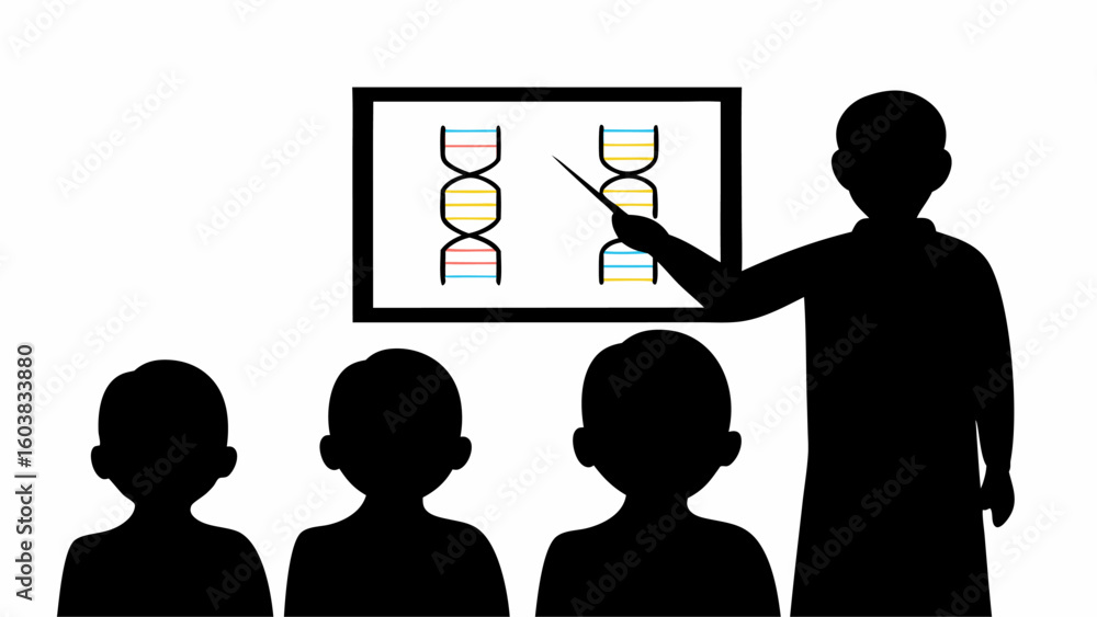 Poster a teacher is explaining dna structures to students in a classroom using a presentation on a whiteboa