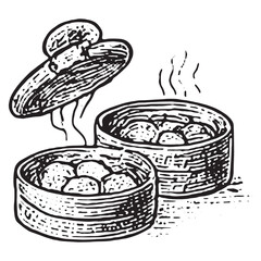 Vintage Black and White Steamed Bun Preparation Illustration