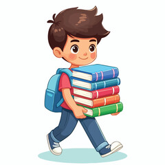 vector image of a boy carrying a stack of books