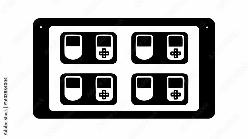 Poster black and white image featuring a rectangular frame containing four smaller retro handheld game cons