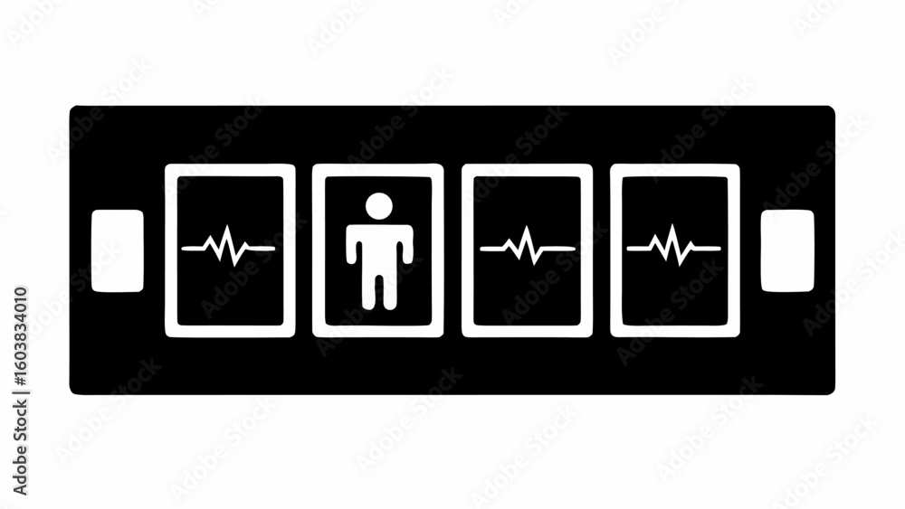Poster black rectangle with white icons of a person and a heartbeat signal inside square frames design