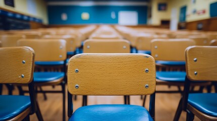 Empty Auditorium: An auditorium bathed in natural light, rows of empty wooden chairs arranged and waiting for a seminar or lecture. Evoking anticipation.