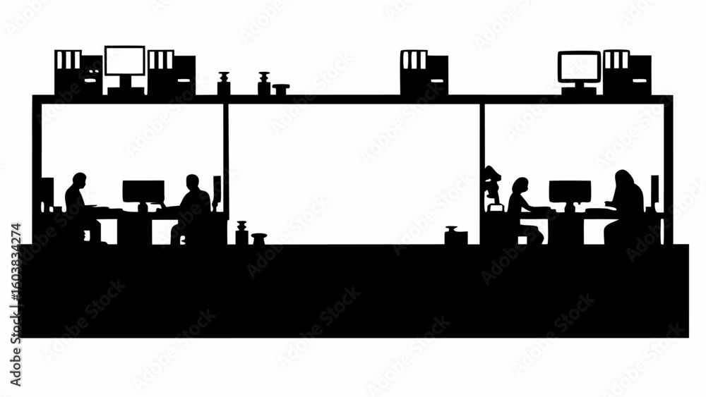 Poster silhouette depiction of an office space with people working at computers and storage on top shelf ar