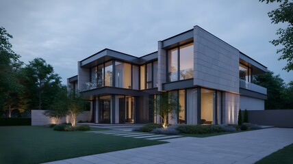 Fototapeta premium Modern Luxury House with Glass Garage and Scenic Hilltop View