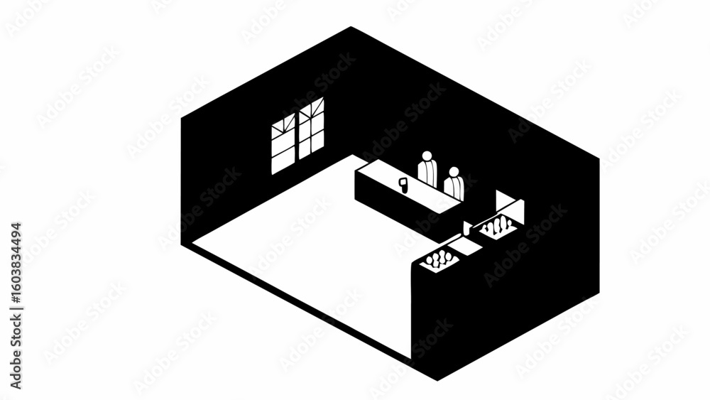 Poster isometric view of a room with a counter, two figures, a window, and some objects on display area