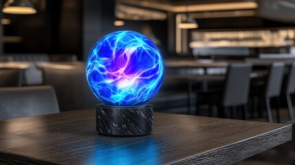 A blue sphere with purple lightning bolts sits on a black marble base.