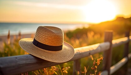 Sun hat on fence at sunset