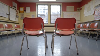 Empty Classroom: The image captures an evocative view of an empty classroom setting, the rows of chairs waiting in anticipation of students, with natural light streaming in through windows and walls.