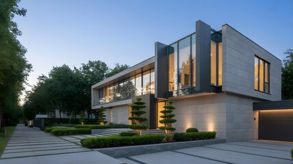 Obraz premium Modern Luxury House with Glass Garage and Scenic Hilltop View