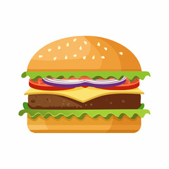 Modern flat vector icon of a gourmet burger with double patty, melted cheese, red onion, and lettuce
