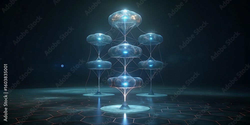 Poster a futuristic abstract digital network structure resembling interconnected glowing jellyfish or mushr