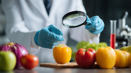 Scientist use magnifying glass to check physical occur from chemical on fruit and vegetable residues in laboratory. inspect the concentration of chemical residues, standard, find prohibited substances