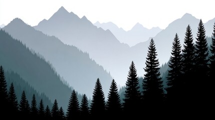 Silhouettes of coniferous trees in front of layered misty mountains against a white background