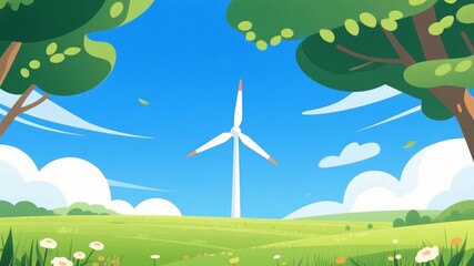 Wind Turbine in a Lush Green Field Under a Clear Blue Sky