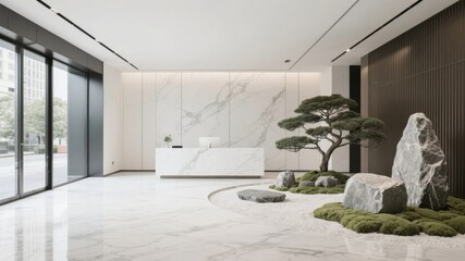 Fototapeta premium Modern minimalist reception area with marble accents and a small indoor garden