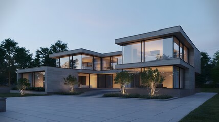 Fototapeta premium Modern Luxury House with Glass Garage and Scenic Hilltop View