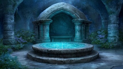 Ancient stone altar with glowing mystical symbols under a starry ethereal night sky