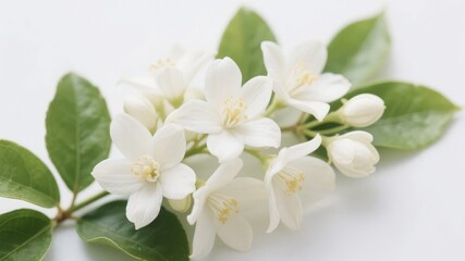 Fototapeta premium White Jasmine Flowers with Green Leaves on a White Background