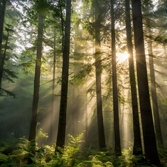 morning in the woods with sunrise , AI generative 

