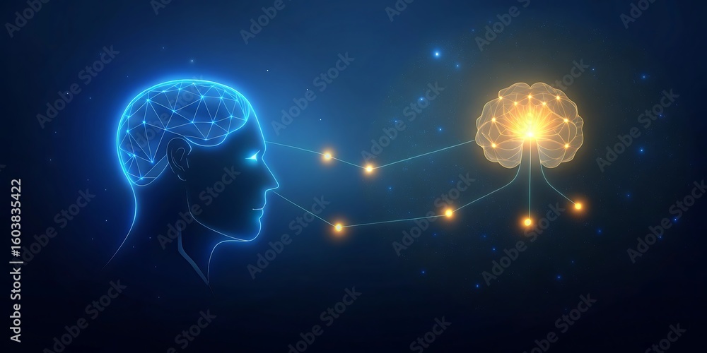 Aufkleber abstract visualization of artificial intelligence with a glowing human head silhouette connecting to