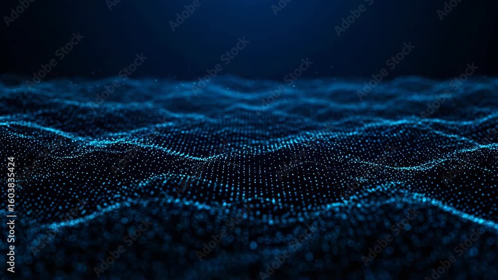Poster an abstract digital background with blue dots forming a wavy network pattern