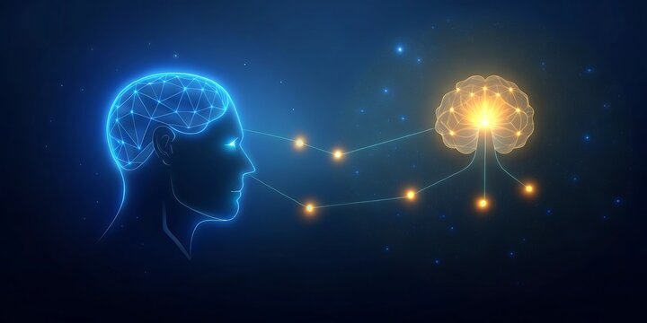 Abstract visualization of artificial intelligence with a glowing human head silhouette connecting to a digital brain. - Powered by Adobe