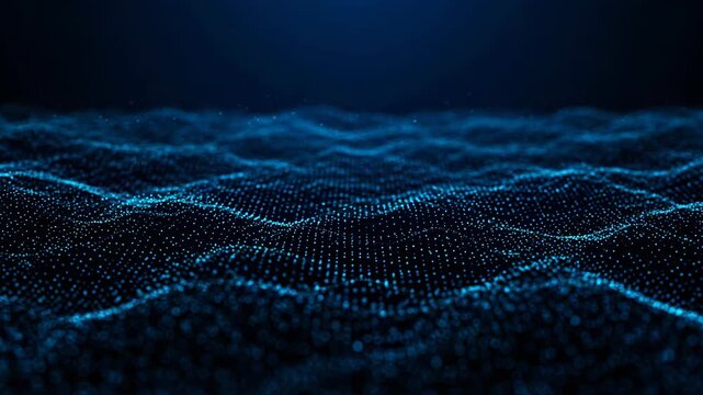 An abstract digital background with blue dots forming a wavy network pattern