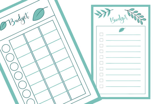 Organized budget planning sheets with decorative leaves and checkboxes for financial tracking and personal organization