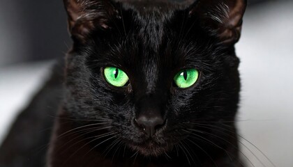 Close-up of a black cat with bright green eyes