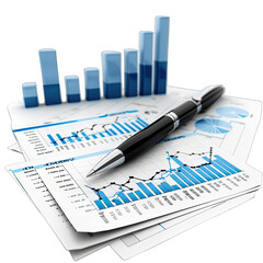 Stack of financial reports with graphs and a pen