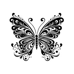 Ornate black and white butterfly illustration with intricate wings