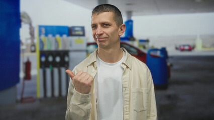Obraz premium Man pointing at petrol station with pumps in background, wearing casual shirt, outdoors with car, sunny day, relaxed expression, caucasian male, standing by vehicle.