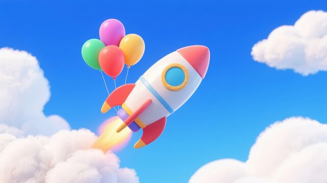 Colorful Rocket Launching with Balloons Against a Blue Sky - Powered by Adobe