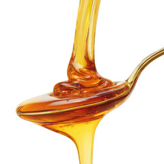 Honey pours from a spoon.  A golden liquid cascades from a spoon, showcasing its thick, viscous texture