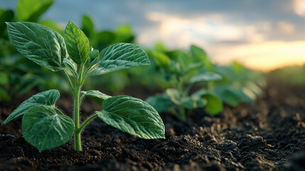 Soybean growth on a farm with green leaves in the background, illustrating sustainable agriculture and the progression of crop development, Generative AI