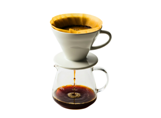 White ceramic pour over coffee dripper with glass carafe isolated on transparent background
