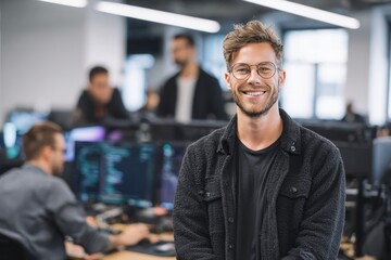 young software developer smiling at the camera in a modern office with multiple screens, clean tech environment, friendly expression, diverse team in the background, casual professional outfit
