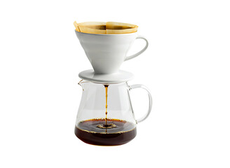 White ceramic pour over coffee dripper with glass carafe isolated on transparent background