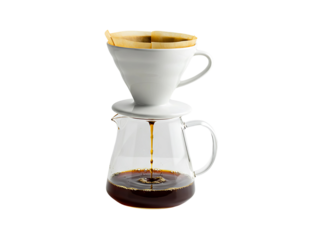 White ceramic pour over coffee dripper with glass carafe isolated on transparent background