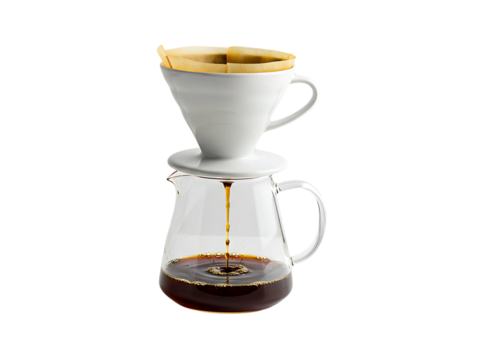 White ceramic pour over coffee dripper with glass carafe isolated on transparent background