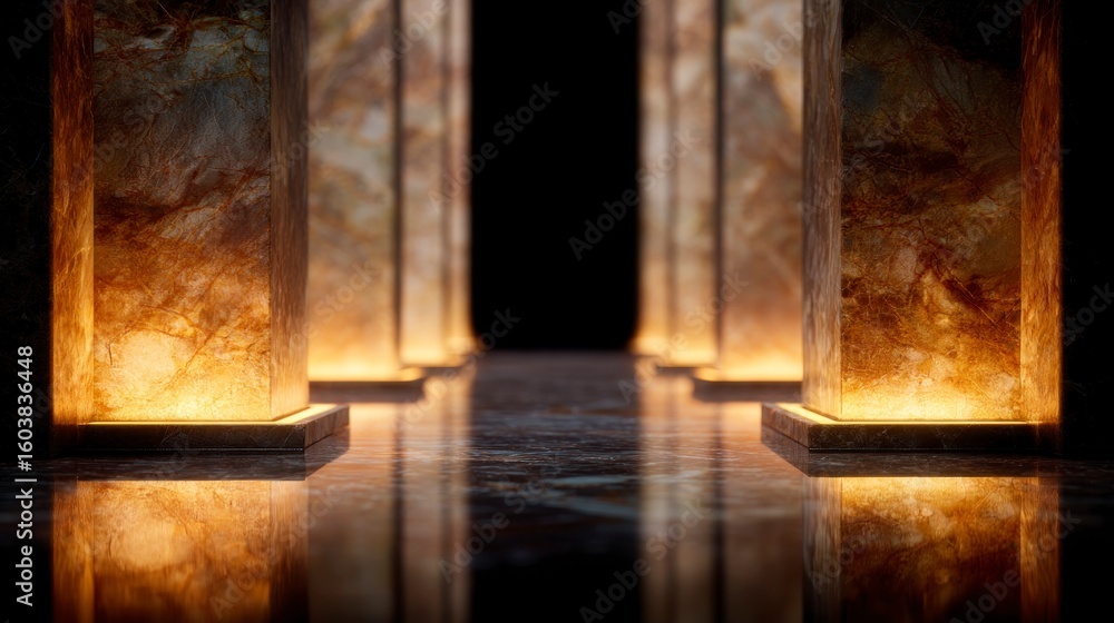 Poster illuminated marble pillars in a symmetrical row on a reflective surface